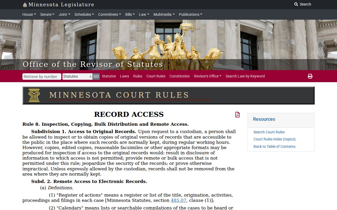 Wabasha County warrant lookup research showing Minnesota court rule 8 on record access