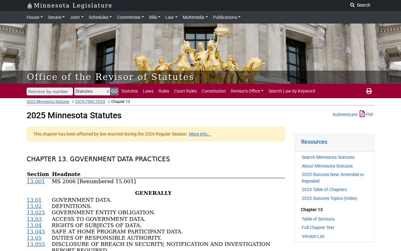 Wabasha County warrant records research showing Minnesota Statutes chapter 13 on public data