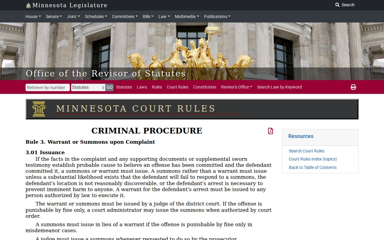 Wabasha County arrest warrant search research showing Minnesota Criminal Procedure Rule 3 on warrant issuance