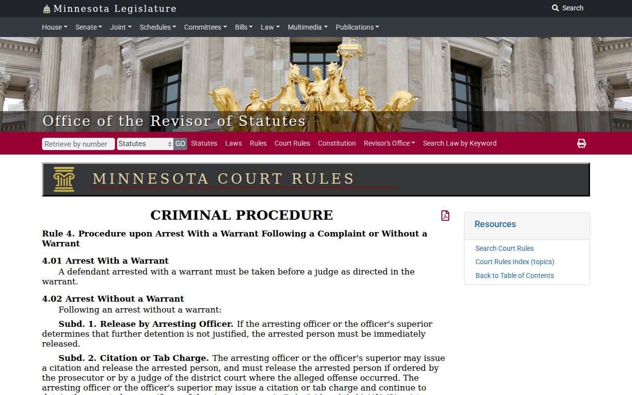 Wabasha County arrest warrant records research showing Minnesota Criminal Procedure Rule 4 on arrest and court appearance