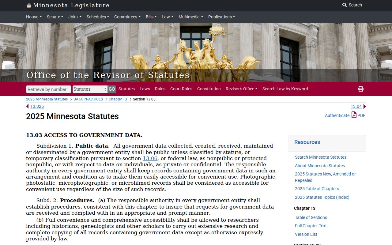 Wabasha County warrant records research showing Minnesota Statutes section 13.03 on access to public data