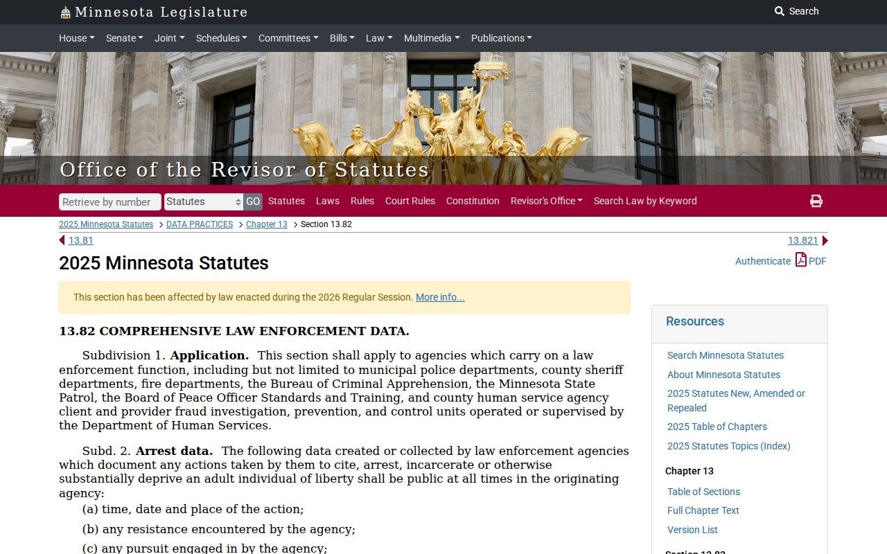Wabasha County warrant records research showing Minnesota Statutes section 13.82 on law enforcement data
