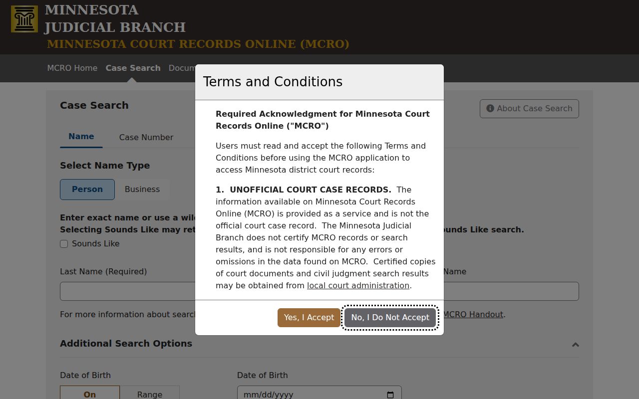Wabasha County warrant lookup research showing the Minnesota Court Records Online case search