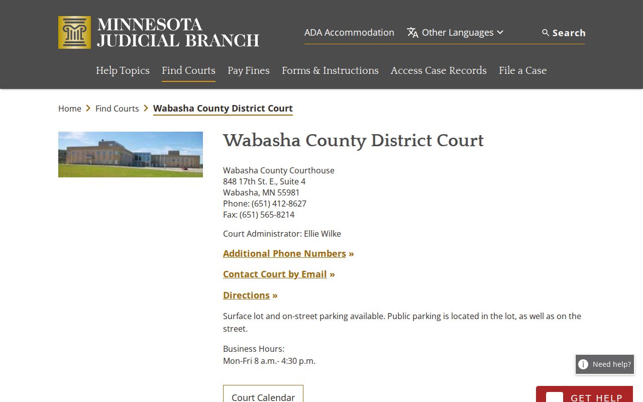 Wabasha County outstanding warrant research showing the Wabasha County District Court page